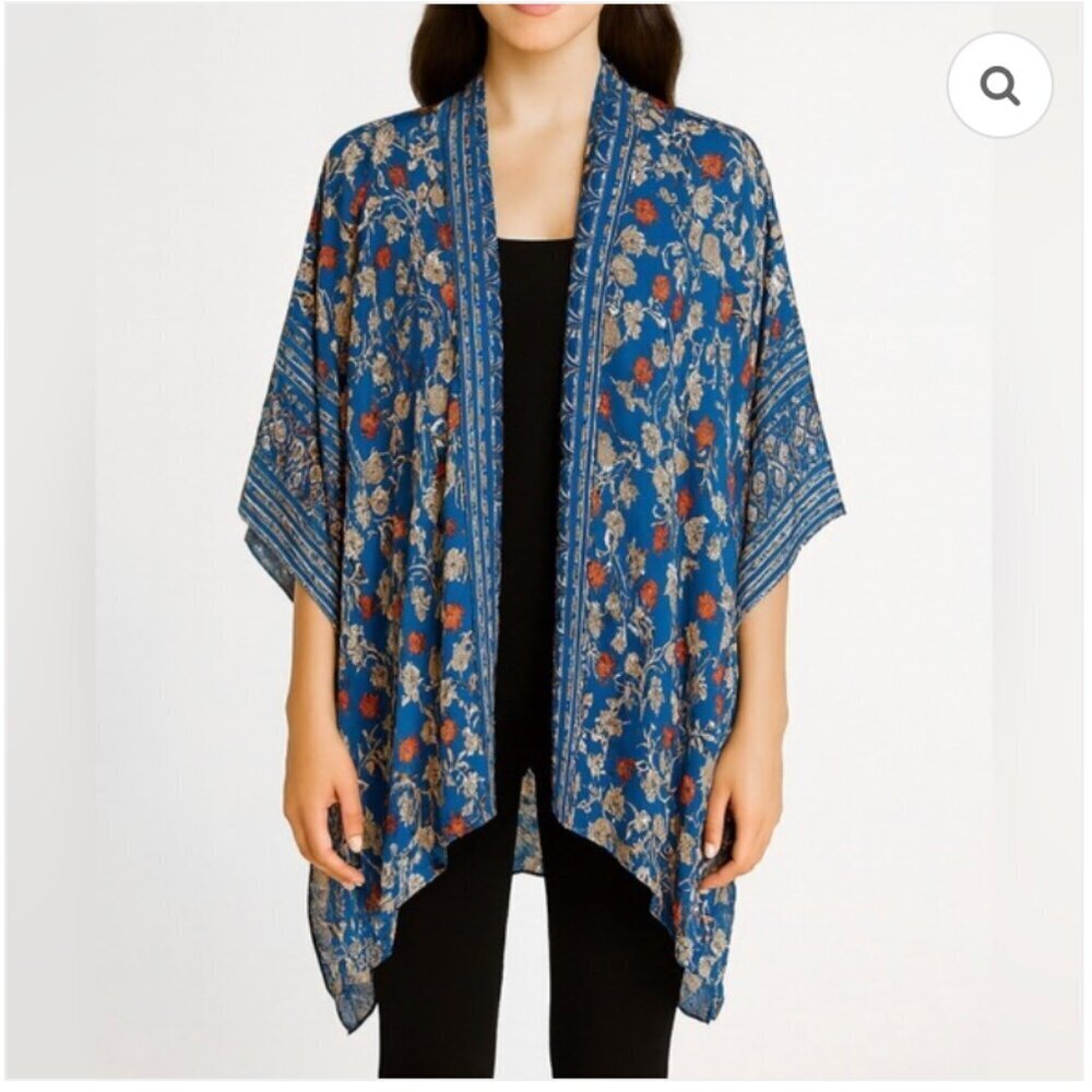 Max Studio Women's Size Small Kimono Caftan Blue Pink Floral Striped Open Front - Picture 9 of 10